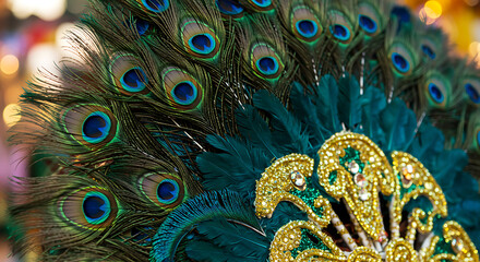Vibrant peacock feathers and embellished decoration create an exotic display of color and texture.