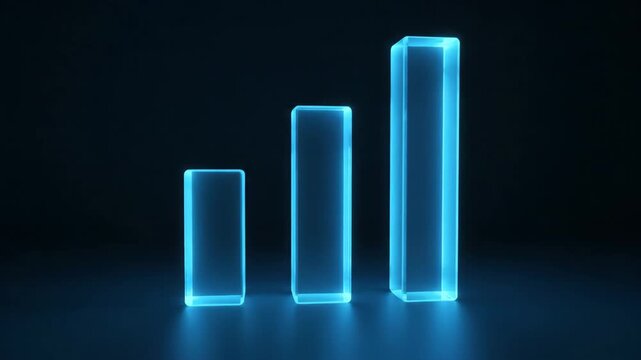 Glowing Glass Bar Graph Ascending - An abstract 3D animation of a bar graph made of glowing, transparent blue glass bars growing upwards against a dark background.