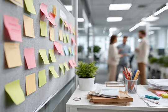 A colorful collection of sticky notes on a pinboard in an office, with a blurry background of colleagues discussing work. The foreground desk is organized with a small plant and office supplies.


