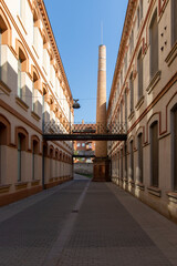 Facade of an old textile factory, now museum, in Mataro, Barcelona, Catalonia, Spain, Europe
