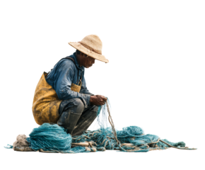 A weathered fisherman carefully mends a blue fishing net, demonstrating his expertise.