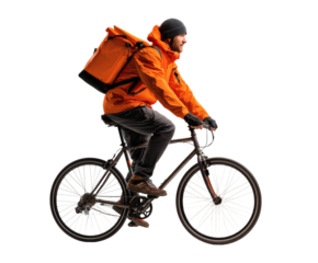 A delivery man on a bike with a thermal bag delivering food for customers.