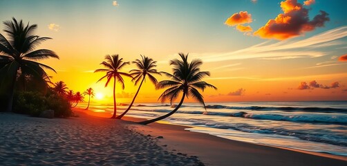 Tropical beach scene with vibrant sunset, palm trees, ocean waves, and sand, scenic, yellow