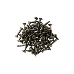 Pile of black metal screws scattered randomly for industrial and DIY project backgrounds