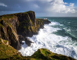 Obraz premium Dramatic coastal scene with stormy waves crashing against a rugged cliff face
