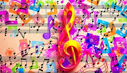 Vibrant colorful g clef on music notes background, ideal for music festival posters,  backdrop,  festival
