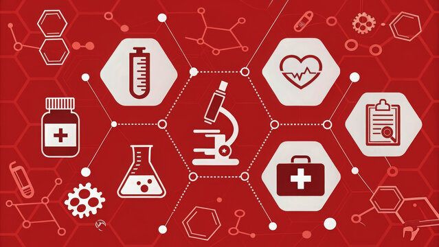Medical science and healthcare icons on a red background