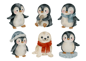 Watercolor clipart with cute penguins and a white seal in a red scarf in different poses on a white background, perfect for stickers, cards, nursery prints and kids designs.