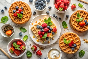 Delicious Waffles with Fresh Berries and Whipped Cream on a Marble Surface
