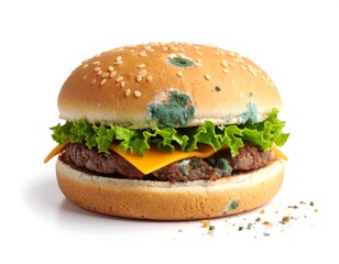 Moldy burger on white background