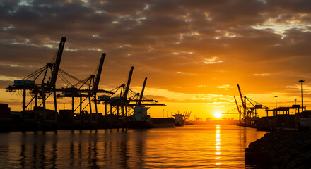 Obraz premium Dramatic sunrise silhouettes harbor cranes, painting the sky with vibrant golden and orange hues.