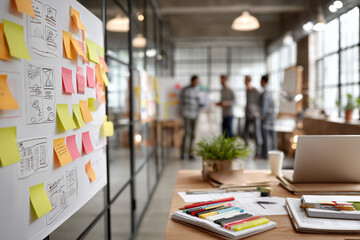 A colorful collection of sticky notes on a pinboard in an office, with a blurry background of colleagues discussing work. The foreground desk is organized with a small plant and office supplies.

