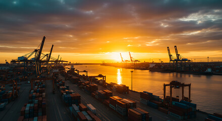 Obraz premium Cargo harbor with cranes and shipping containers glow beneath a vibrant and colorful sunset sky.