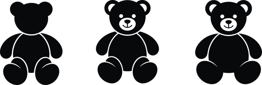 Cute black teddy bear icons, minimalist and detailed plush toy illustrations, children’s stuffed animal clipart, vector silhouettes for kids designs
