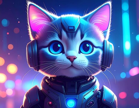 Cute robot cat in futuristic city lights