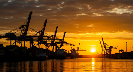 Silhouetted harbor cranes dominate the skyline against a vibrant sunset reflected on calm waters.