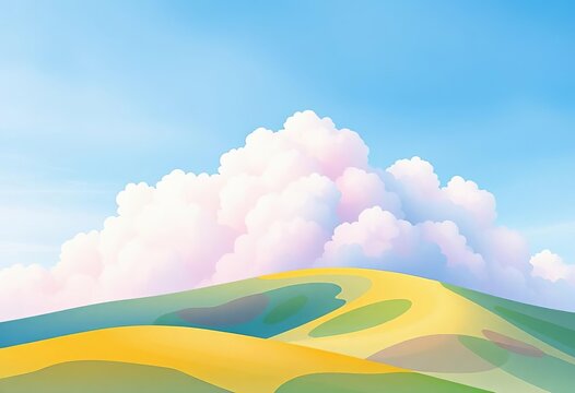 Whimsical watercolor clouds ascend a rolling hill, cartoon style ,  illustration,  pastoral