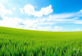 Fototapeta premium Wide panoramic view of idyllic summer meadow, vibrant green grass under a vast blue sky with fluffy clouds drifting in a gentle breeze, vibrant, digital art