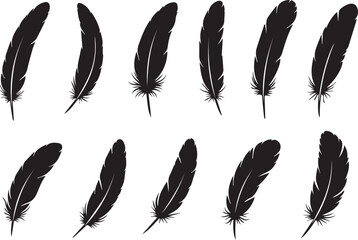 Feather icons, black feather icons isolated on white, feather silhouettes vector set, minimalist feather symbol for logo design, feather clipart for branding and decoration