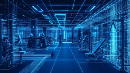 A futuristic gym with virtual reality technology, a glowing blue wireframe hologram of workout equipment, a modern fitness and sport concept in the metaverse