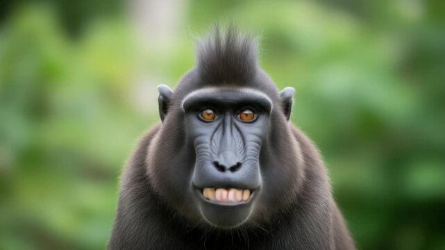 A black macaque monkey with a punkrock hairstyle grins widely, revealing its sharp teeth in a closeup portrait