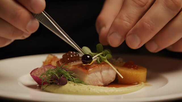 Chef Preparing Gourmet Dish with Tweezers - Close-up shot of a chef's hands delicately placing a garnish on an elegant plated meal using tweezers.