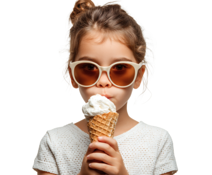 Young girl with sunglasses happily eating ice cream on a bright day.