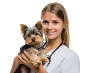 A female vet smiles while holding a Yorkshire Terrier puppy, showing affection and care.