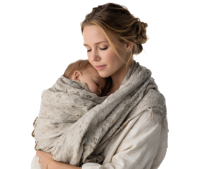 A loving mother embraces her peacefully sleeping baby in a moment of pure tenderness and love.