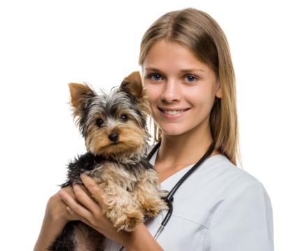 A female vet smiles while holding a Yorkshire Terrier puppy, showing affection and care.