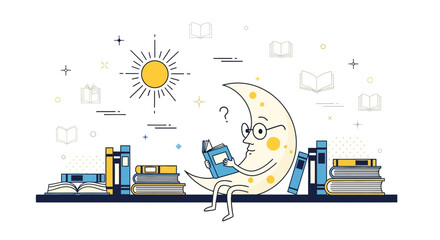Whimsical Reading Illustration of a Moon Character Enjoying a Book Surrounded by Books and Stars