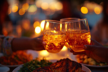 Fototapeta premium holiday celebration, friends making toasts at thanksgiving gathering