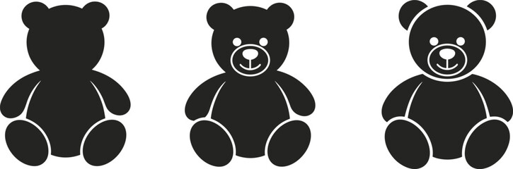 Set of teddy bear vector icons, black silhouette stuffed toys, cute cartoon plush bear illustrations, kids clipart for design projects