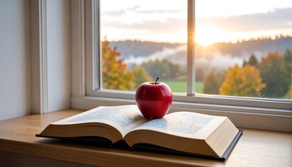 Red apple on open book, window view