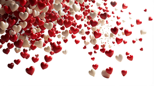 3d illustration of a cascade of red and white hearts isolated on transparent background