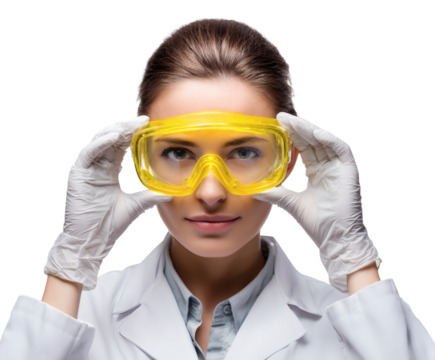 A female scientist in a lab coat and gloves is wearing safety goggles.