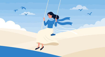 Woman on swing flying above sand dune landscape evokes serenity and freedom
