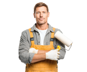 A professional painter with a paint roller, ready for home renovation work.