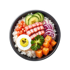 Colorful rice bowl showcasing fresh vegetables, seafood, and garnishes served in a modern bowl at a casual dining venue during lunch hours