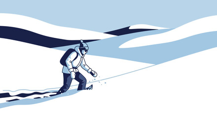 Winter adventure: trekking in snowy landscape with minimalist vector design portraying a man's winter trekking journey