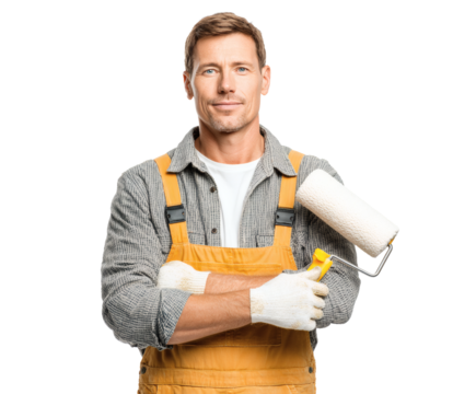 A professional painter with a paint roller, ready for home renovation work.