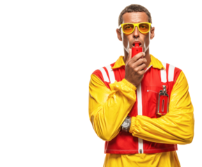 A lifeguard in a yellow and red uniform blows a whistle, ready to assist.