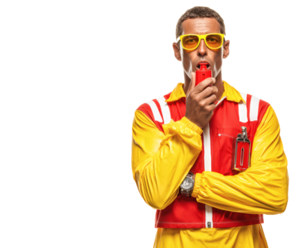 A lifeguard in a yellow and red uniform blows a whistle, ready to assist.