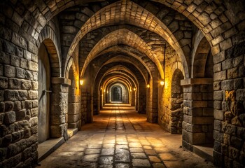 Mysterious Stone Arched Corridor with Dim Lighting Leading into an Unknown Destination