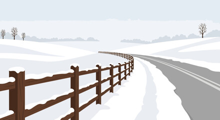 Fototapeta premium Winter Landscape Serenity A Snowy Road With Fence And Rolling Hills