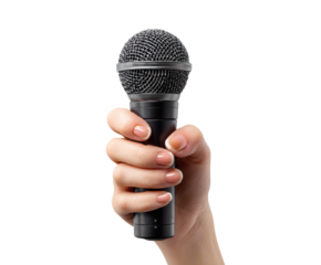 A hand holding a black microphone ready to speak or sing, perfect for podcasts and more.