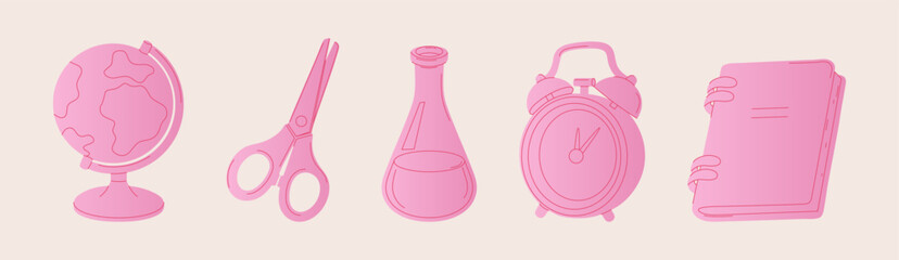 Minimal pink gradient set of school supplies. Globe, scissors, flask, alarm clock, and notebook. Perfect for educational designs, kids’ materials, planners, and modern classroom visuals.