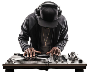 A black DJ wearing headphones and a cap, mixing music on a turntable