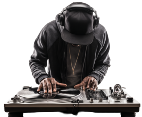 A black DJ wearing headphones and a cap, mixing music on a turntable