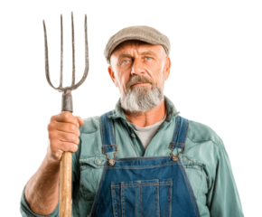 A weathered farmer poses with his pitchfork, embodying rural life and hard work.